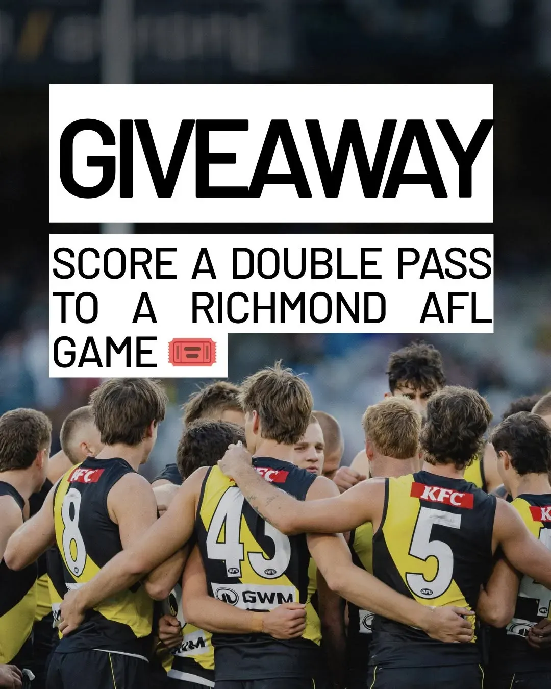 Psst...hey, Tigers fans 🐯
Want to score one of 10 double passes to the Richmond game on Sunday 21 June? 🎟️
We're giving you and your game-day bestie the chance to cheer on the Tigers live!
To enter:
🏈 Like this post
🏈 Share it to your story
🏈 Follow @swinburne and @richmond_fc
🏈 Tag the friend you'd bring along #gotiges
Entries close 10am AEST, 16 June. Winners must have a valid Swinburne Student ID.
T&Cs
Open to current Swinburne students only. Closes 10am AEST 16 June 2026. 10 winners will receive 1x double pass to Richmond FC match on 21 June 2026. Winners drawn at random and contacted via DM. Must respond within 24 hours or redraw applies. Prize not transferable or redeemable for cash.